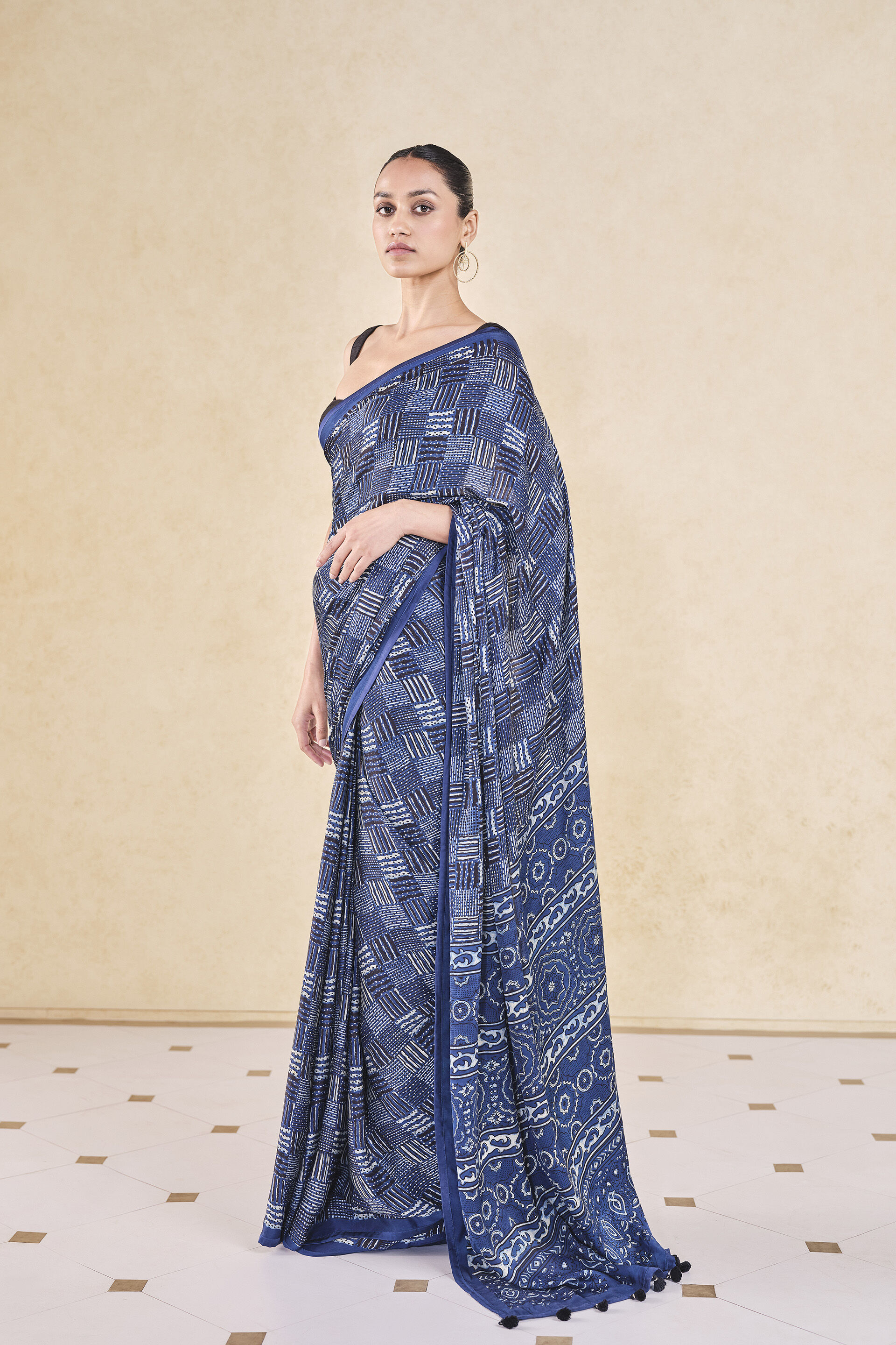 Junco Handcrafted Ajrakh Saree&nbsp;- Blue, Blue, image 3